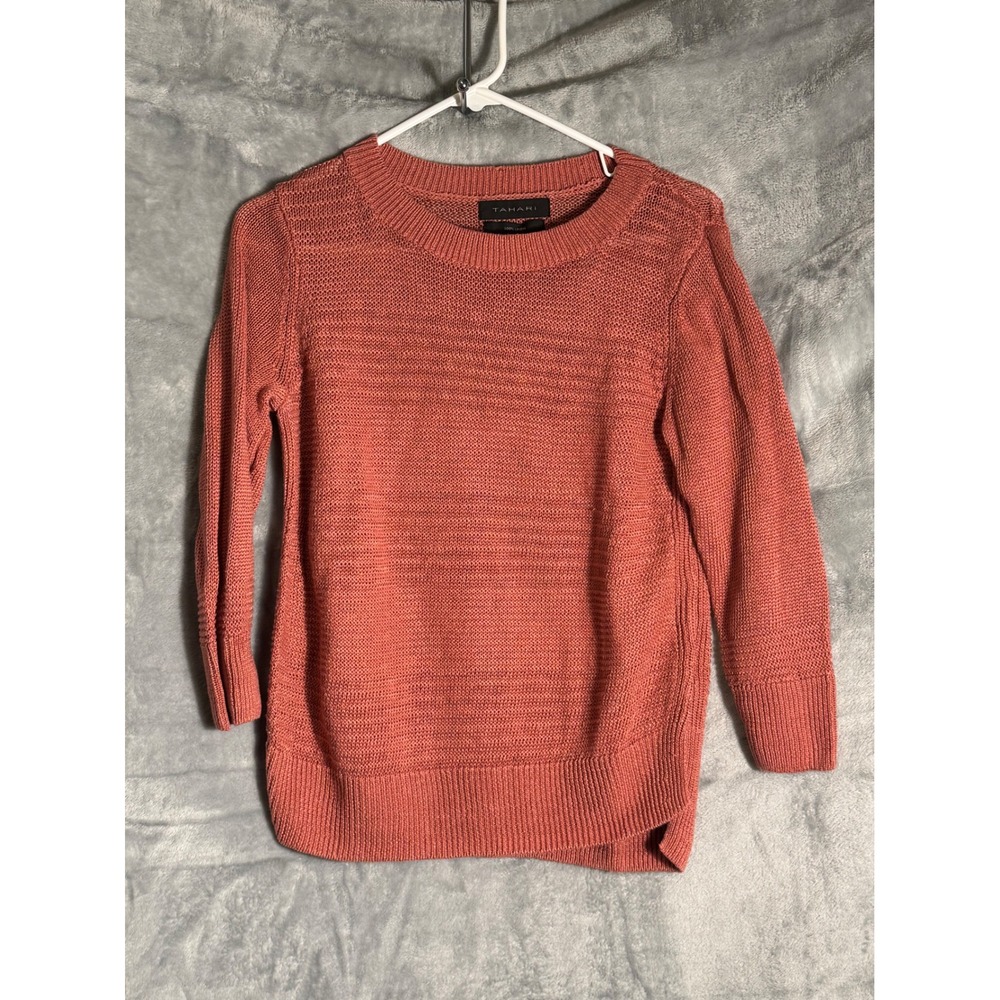 Tahari Women Coral Pink 100% Linen Crew Neck 3/4 Sleeve Knit Sweater Size Medium